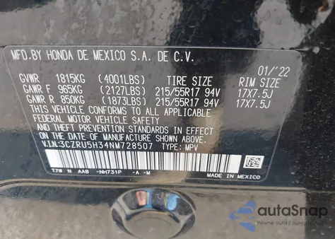 2022 Honda Hr-V Lx из США, поврежденный, VIN 3CZRU5H34NM728507